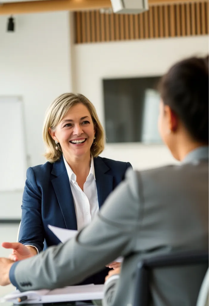 A lawyer smiling during a handshake with a client.