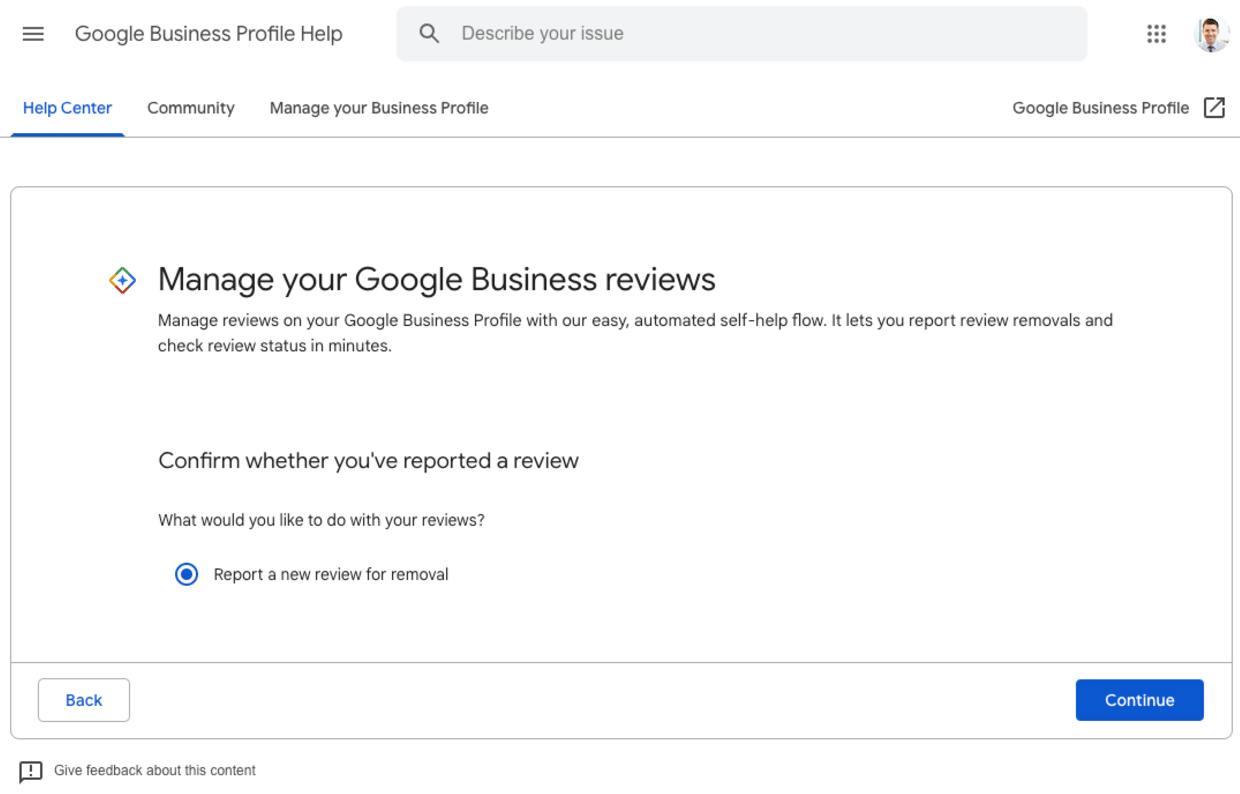 Identifying a review to report in Google Business Profile