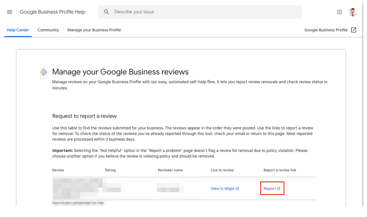 Report button next to a review in Google Business Profile