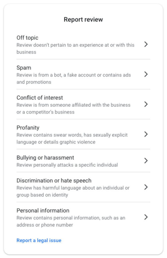 Google review reporting options - terms violation categories